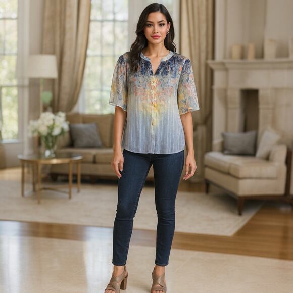 Chico's Top Sz 3 (XL) Jacquard Flutter Sleeve Lisbon Semi-Sheer Metallic Bloom - Picture 1 of 7